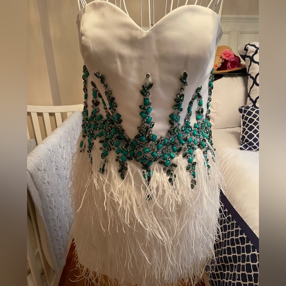 Gorgeous white turquoise and feather dress!